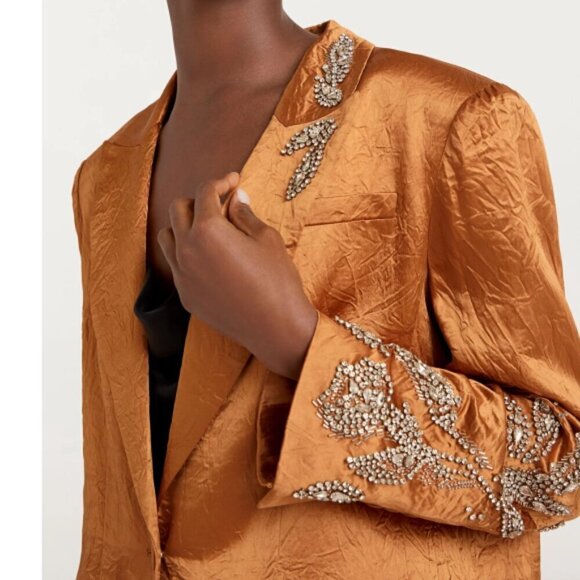 CINQ À SEPT 'Cheyenne' Crystal-Embellished Crinkled-Satin Blazer, Pecan - Picture 2 of 4